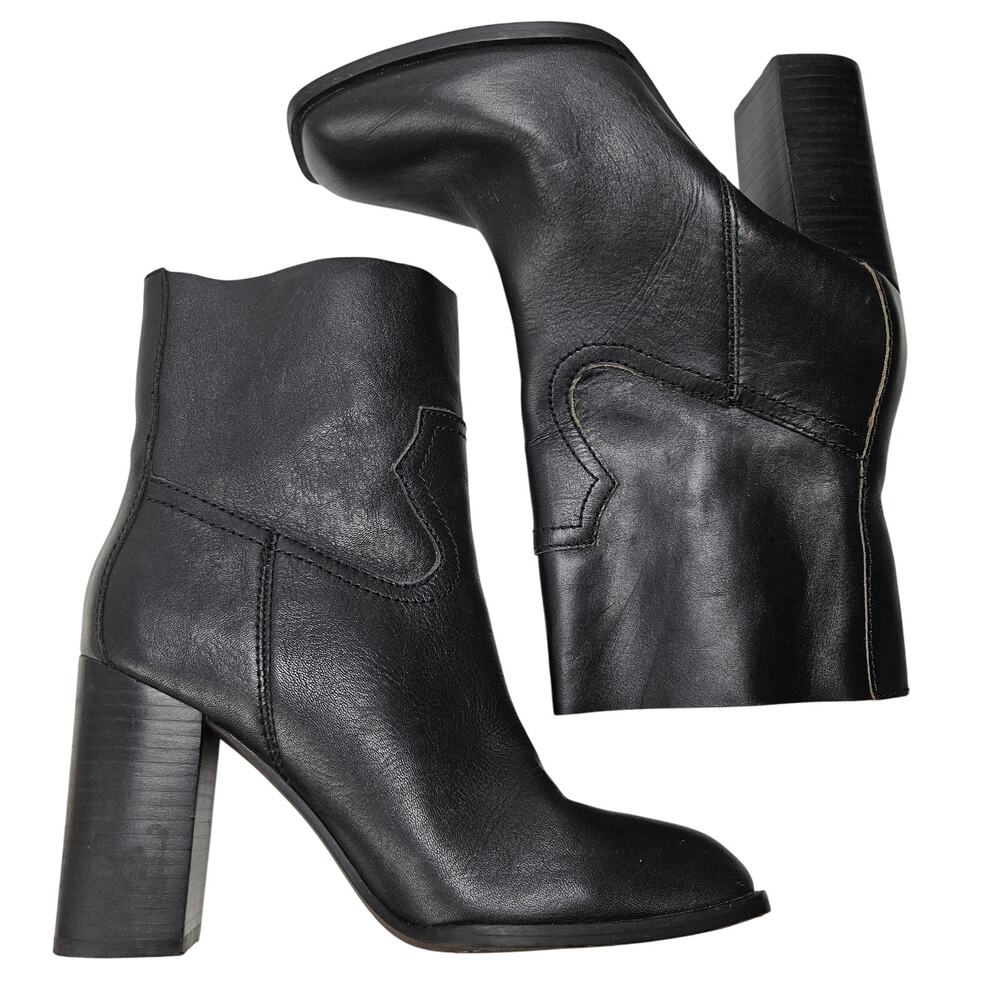 Splendid Leather Stacked Heeled Booties 8 Black Boots Square Toe